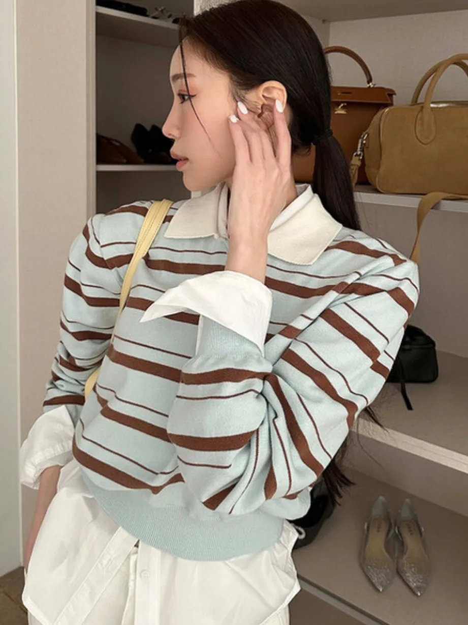 

Женский трикотаж Ne в вертикальную полоску, цветной топ Blo ort, винтажный консервативный многослойный утягивающий корейский моон