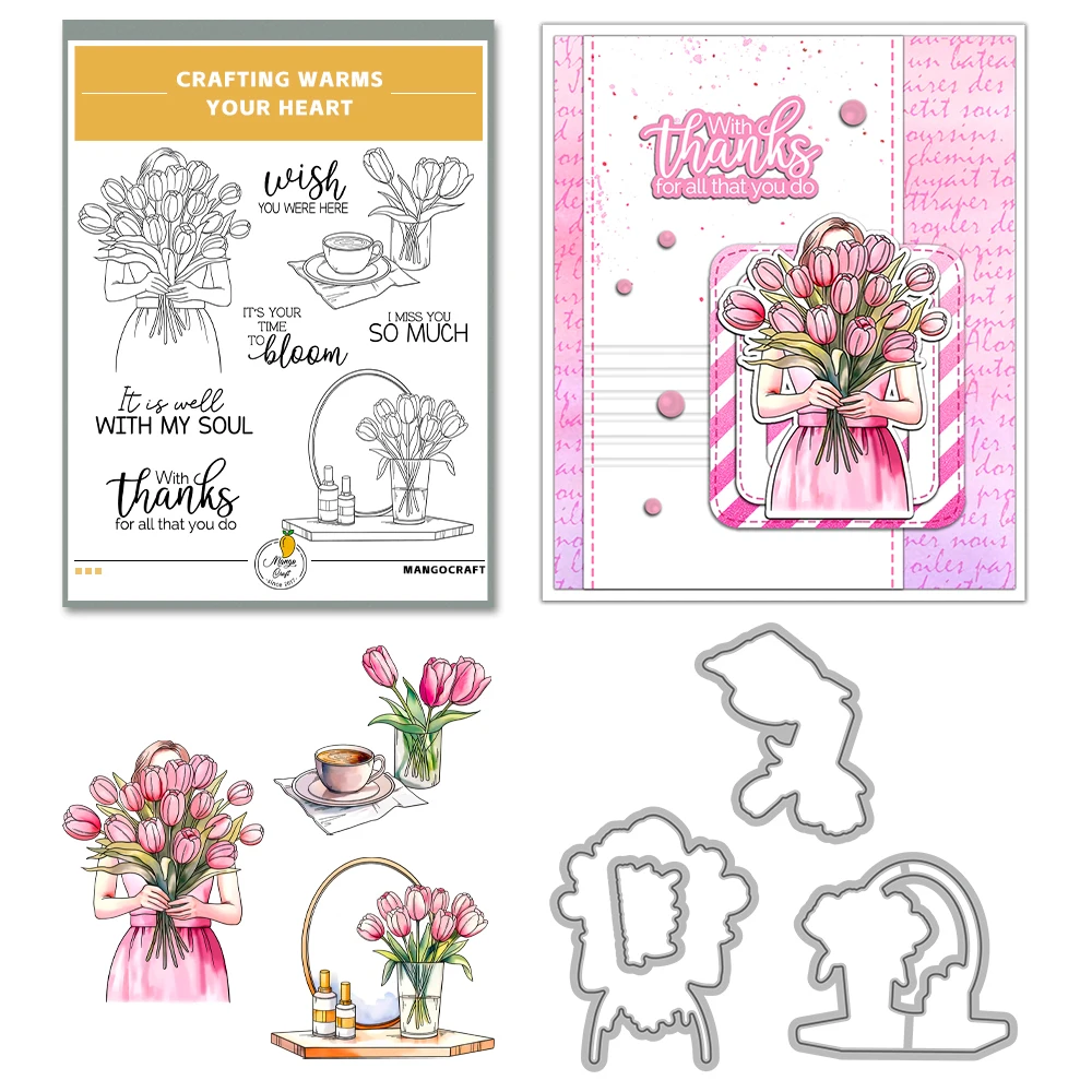 Mango craft Frauen und Tulpen Blumen schneiden stirbt klare Stempel DIY Scrap booking Metall stirbt Silikon Stempel karten Alben Dekor