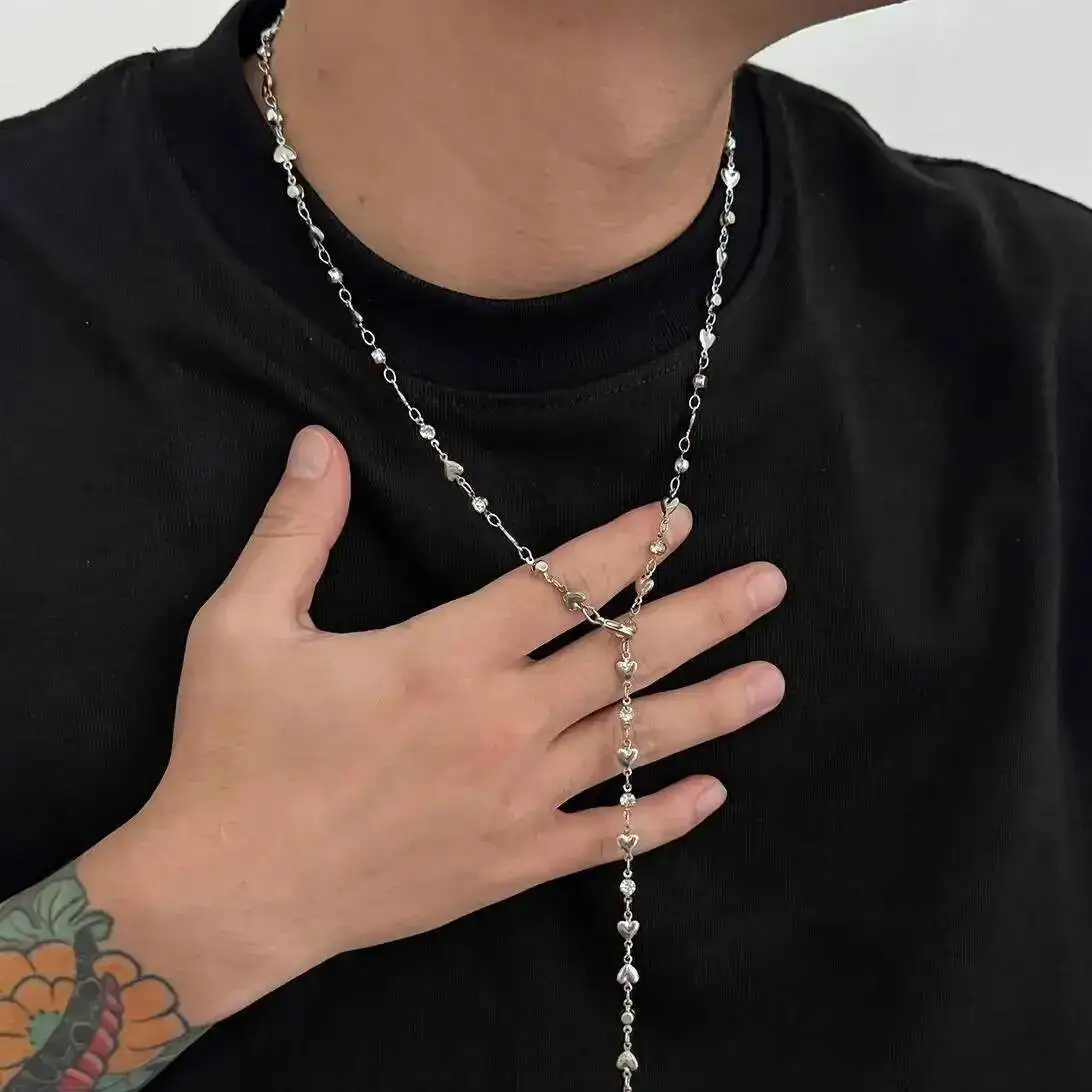 KunJoe HipHop Y-shaped Hollow Out Love Heart Chain Necklace for Men Simple Long Pendant Necklace Sweater Chain Male Neck Jewelry
