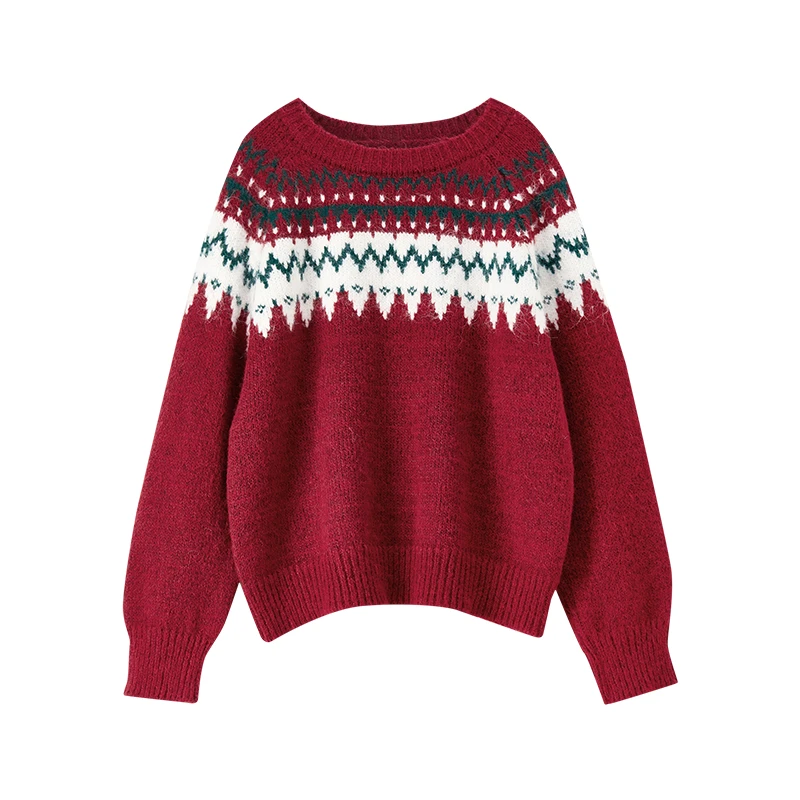 SENTUBILA Women's Chrismas Sweater 2025 Winter Fair Isle Wool Blend Round Neck Loose Knitwear Long Sleeve Top Female W54EE5750