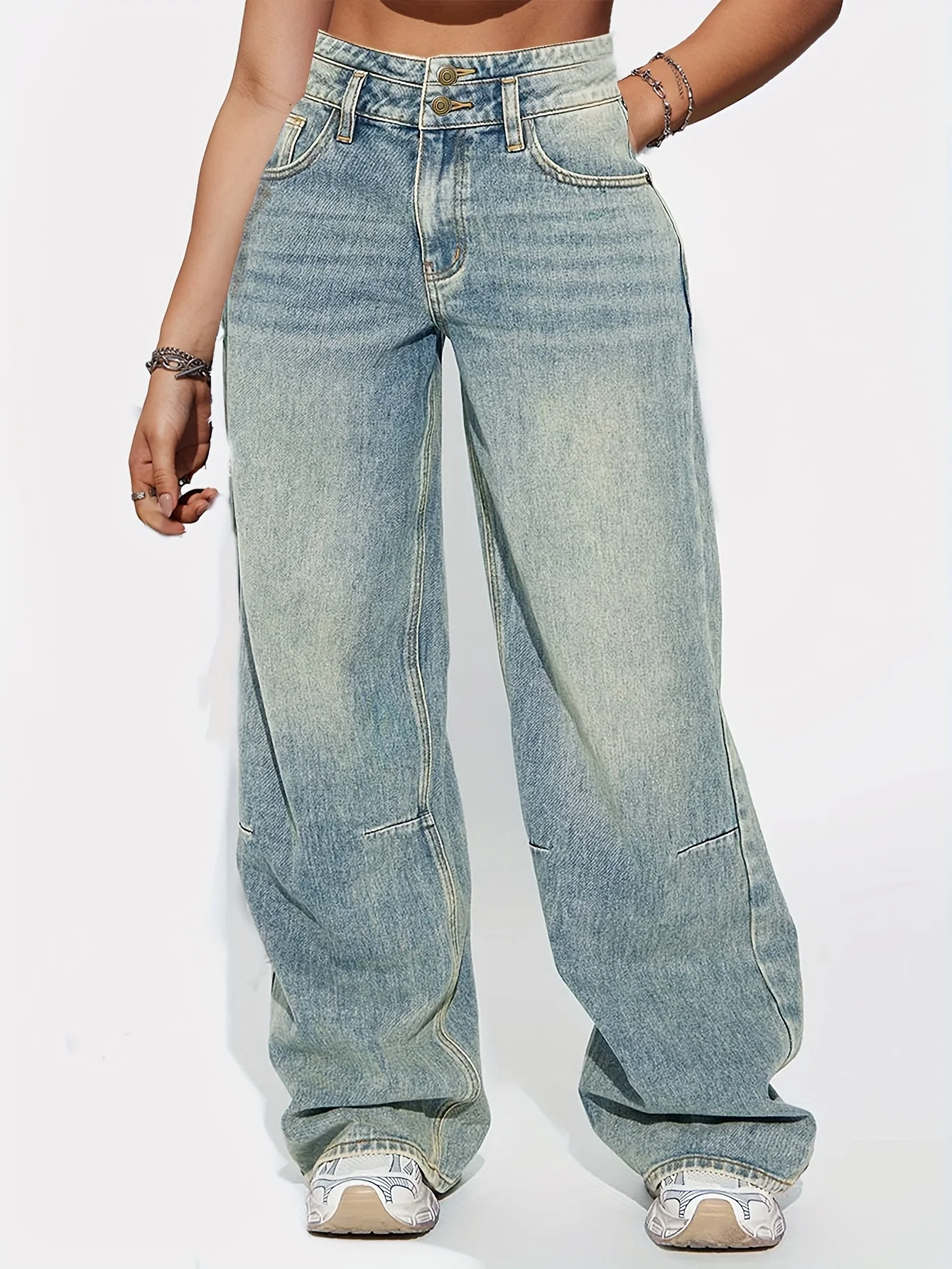 American breasted design retro jeans women's loose casual straight leg wide leg pants