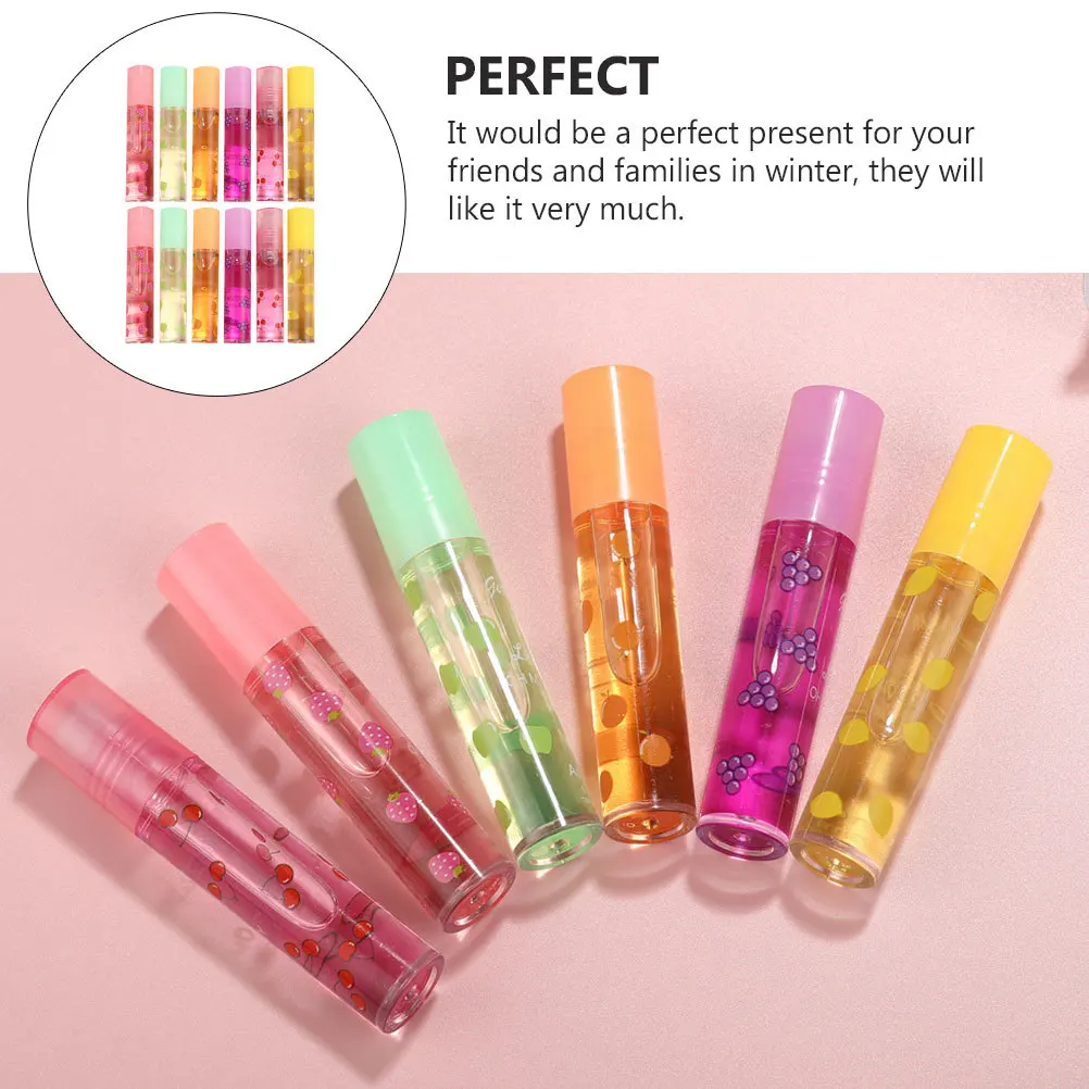 12 個の素敵なフルーツにインスパイアされたリップグロス、非粘着性、透明な仕上がり、長時間持続する保湿リップケア、女性の毎日の必需品
