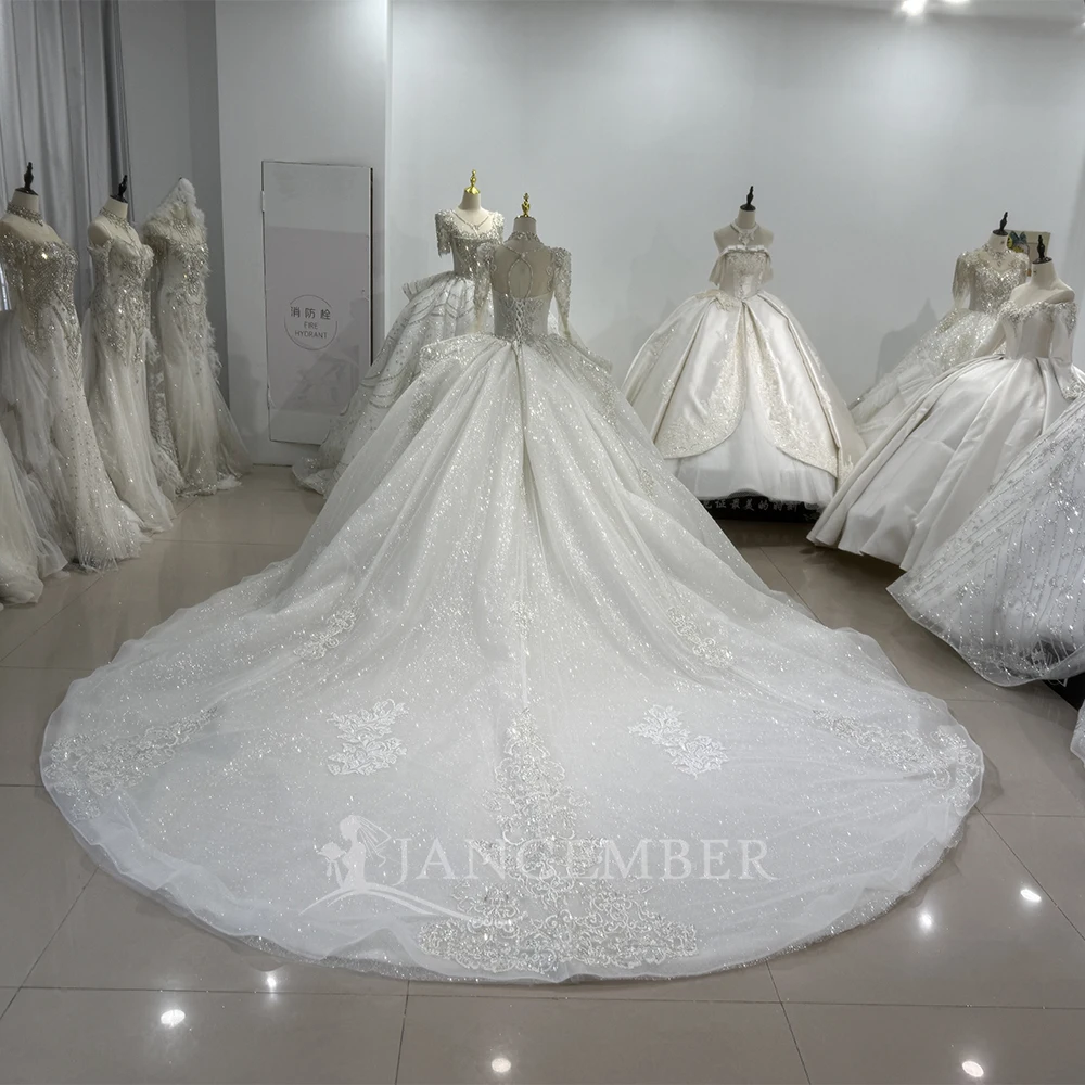 Customized Beading Princess Ball Gown Church Wedding Dress Long Sleeves Lace Up Back Ruffles Bridal Dress Vestido De Novia