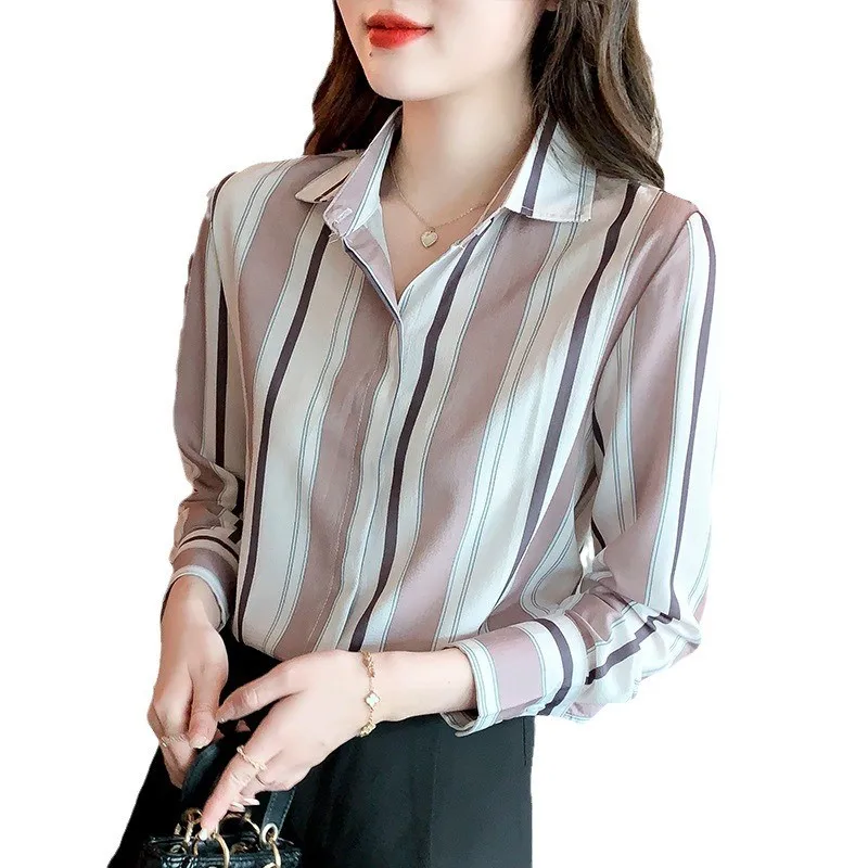 Vintage Women Shirt Stripe Basic Womens Tops Long Sleeve Blouse Korean Fashion Women Clothing Korean Popular Clothes OL Shirts