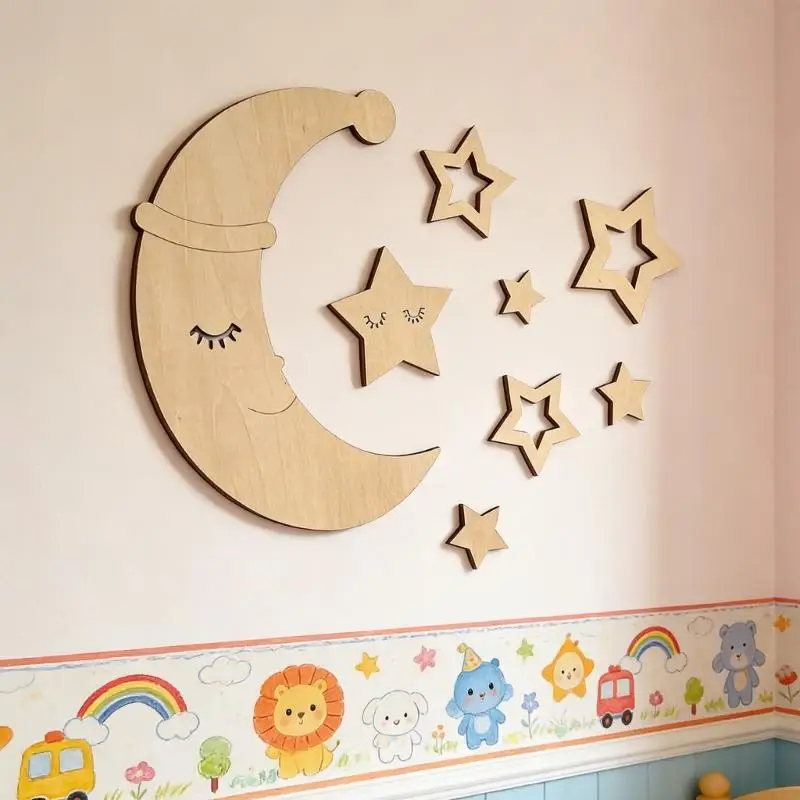 L43A Wooden Moon and Star Wall Decal Sticker Set For Baby Room Safe Nontoxic 3D Wall Art Decors Photography Background