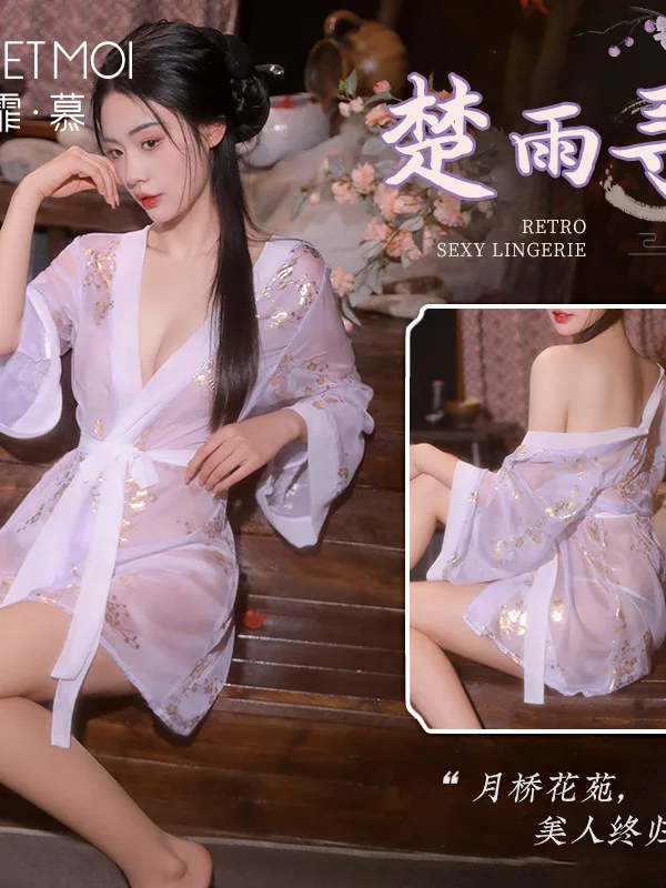 Hot Stamped Chiffon Sleeping Robe Underwear Sexy Open Front Ancient Style Sleeping Dress Long Sleeved Deep V-neck Purple Q8KE