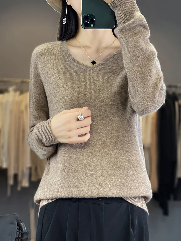 Suéter básico de lana merina para mujer, Jersey de punto de Cachemira con cuello en V, manga larga, Tops de otoño e invierno, 100%