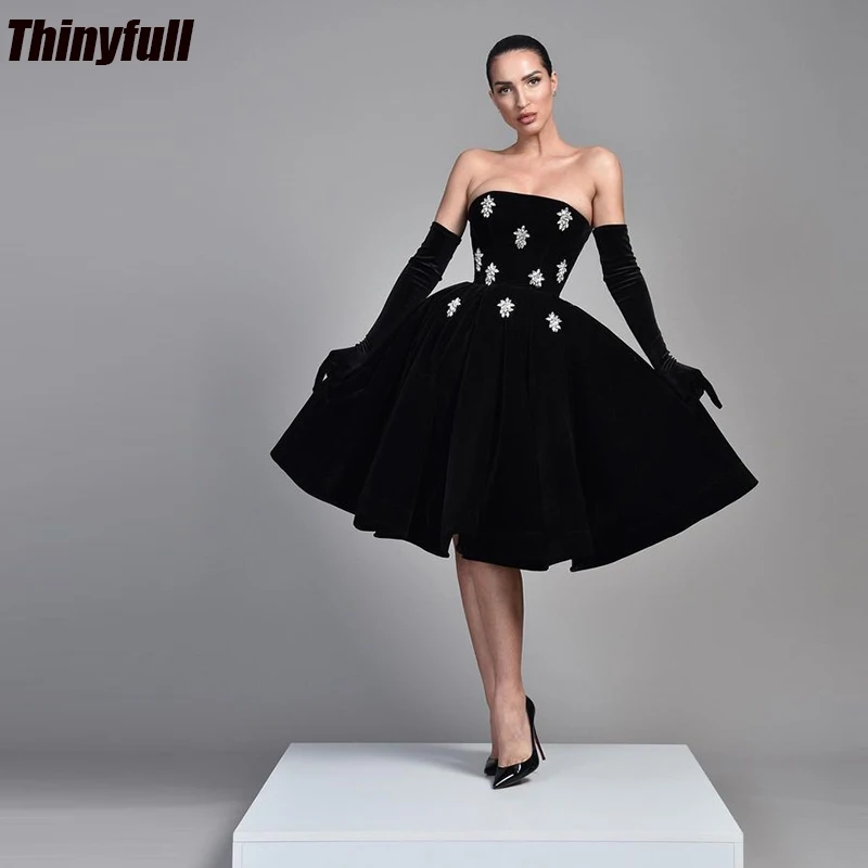 Thinyfull Black Tea-length Prom Dresses A-line Strapless Sleeveless Birthday Party Gown Velvet Crystal Girl Elegant Dress