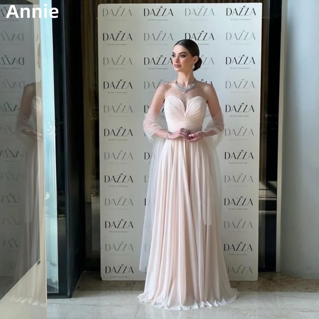 Annie Champagne Wedding Dress Chiffon Elegant Arabian Lady Prom Dresses Off-shoulder A-line Formal Occasions فساتين سهرات