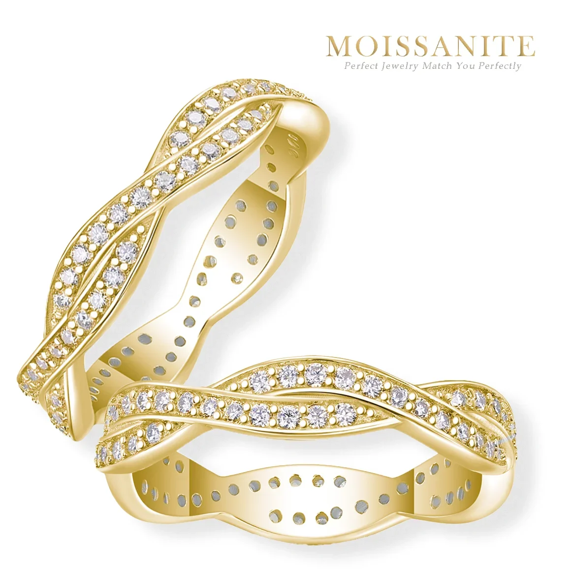 

1.2mm D Color Moissanite Wavy Eternity Ring for Women, S925 Sterling Silver Gold-Plated, Hypoallergenic Design