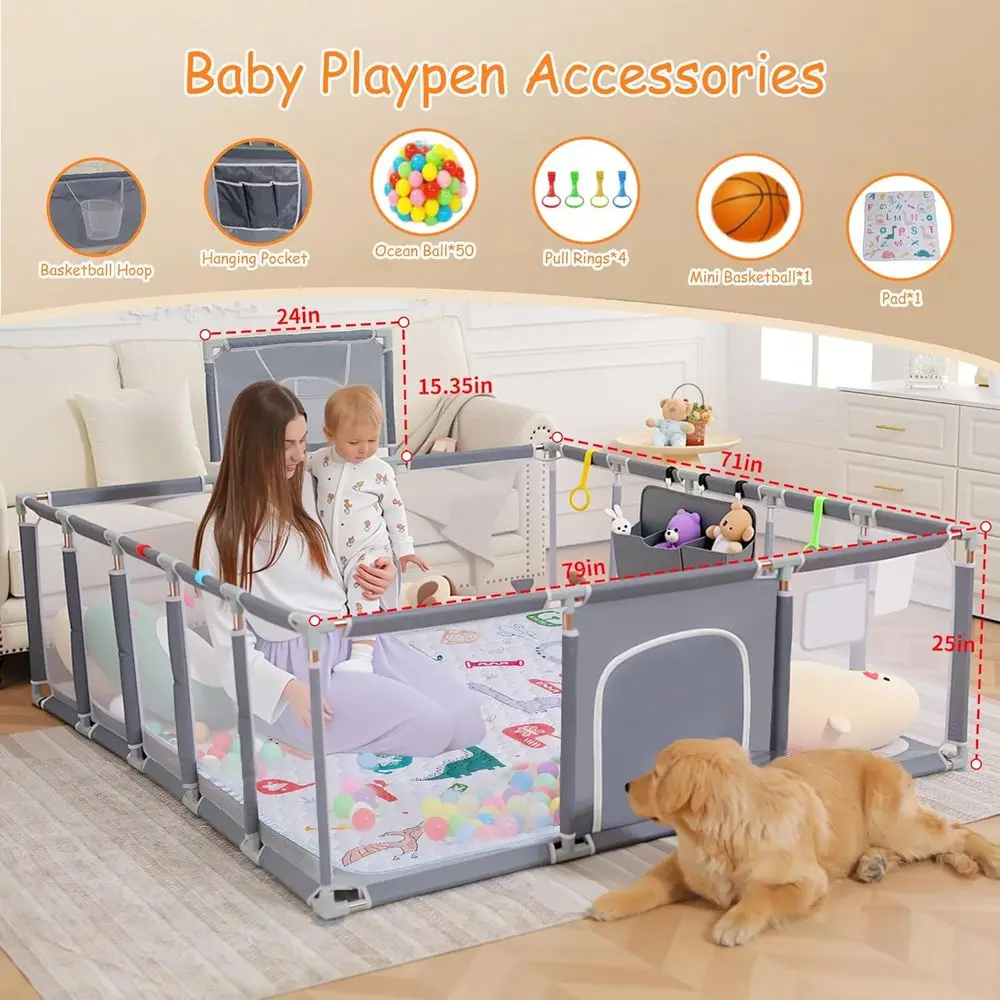 روضة لعب رمادية للأطفال الصغار، 79 × 71 مع حصيرة، كرات المحيط، جيب معلق وطوق كرة السلة - للاستخدام الداخلي/الخارجي #2