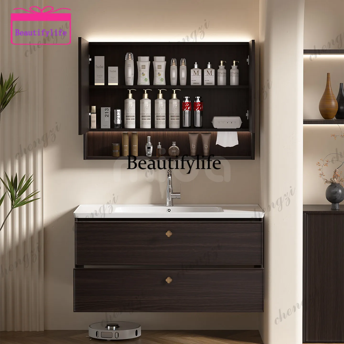 A17 Medieval black walnut all stainless steel bathroom cabinet integrated ceramic basin combination