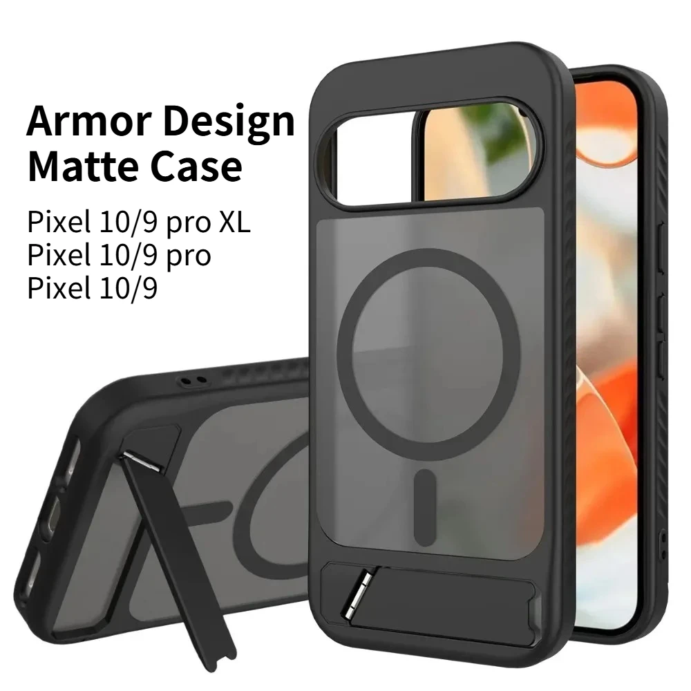

Armor Design Shockproof Matte Case for Google Pixel 10 9 Pro XL Magnetic Wireless Charge Hidden Brackret Semi-Transparent Cover