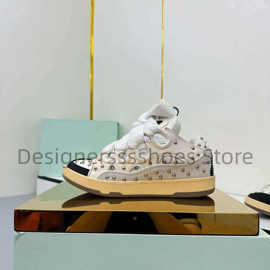 Couple Bread Style Sneakers Custom Cow Leather Upper Latex Cow Insole Molded Outsole Gift Box Size 35-42