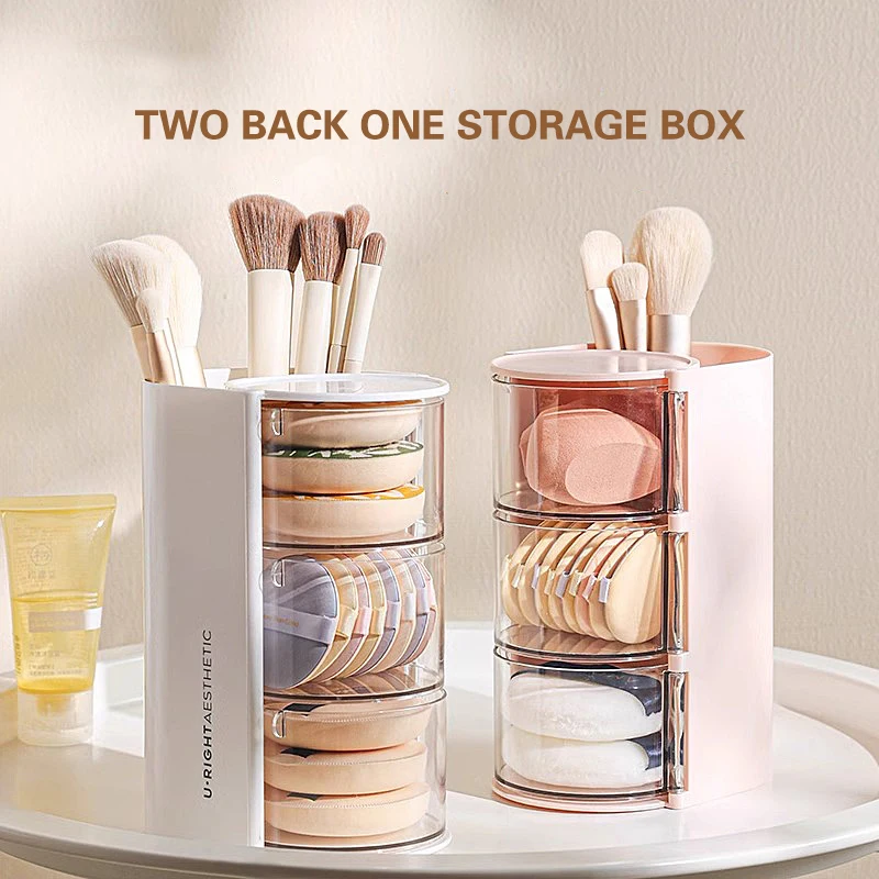 Clear Powder Puff Storage Box Makeup Brush Holder 2-In-1 Storage Tool Dressing Table Storage Rack Rotating Cosmetic Organiser