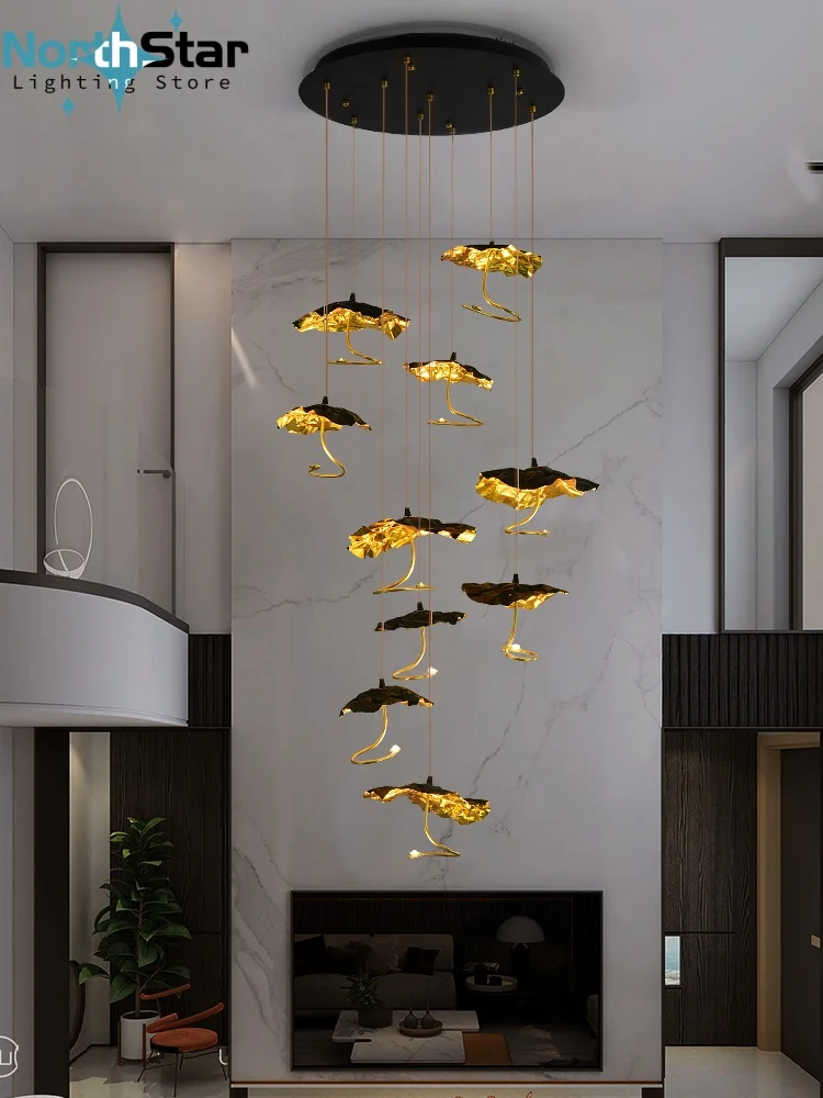 

Luxury Designer Copper Lotus Leaves Pendant Hanging Chandeliers for Staircase Loft Living Room Pendant Lamp Dining Room Lobby