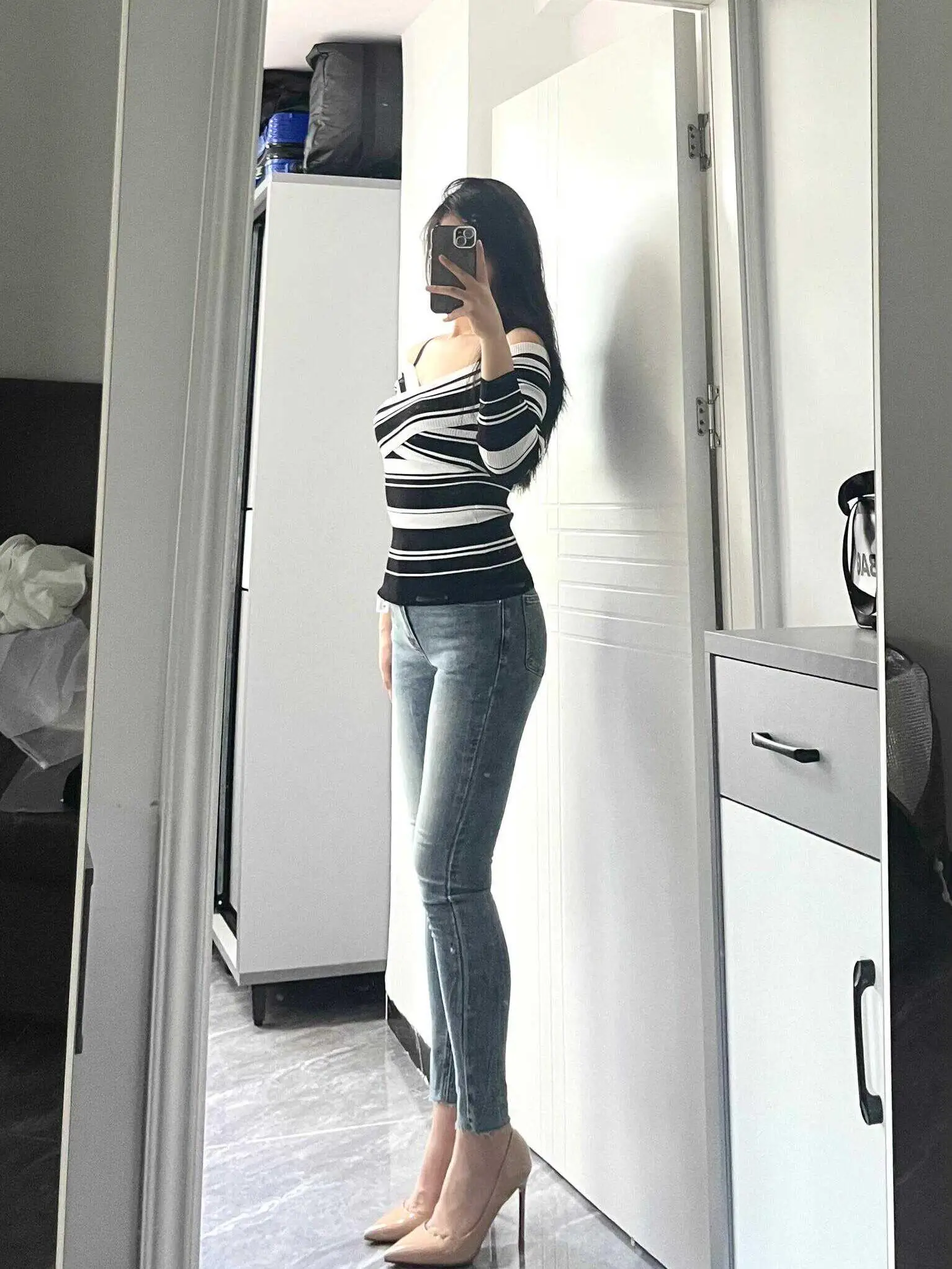 

Retro Blue Grey Denim Skinnies High Waist Women's Pencil Jeans Slim Fit Body Shaping Butt Lifting Nine Points Spring Autumn