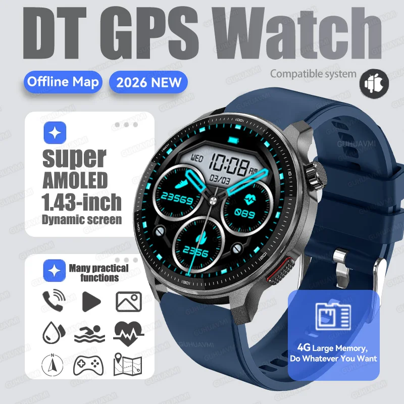 2026Nieuwe Tactische Sport Smartwatch Mannen Ingebouwde GPS Offline Kaart 4GB Geheugen 10ATM/IP69K Waterdicht Zwemmen Militray Smart Bracele