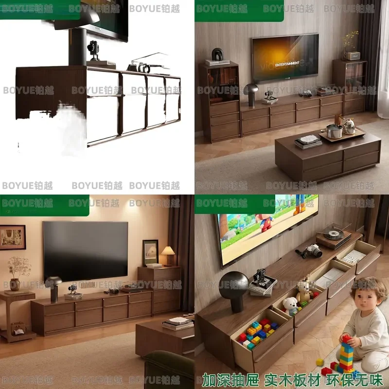 Floor-to-ceiling solid wood TV cabinet, living room home retro bone line TV cabinet, coffee table combination