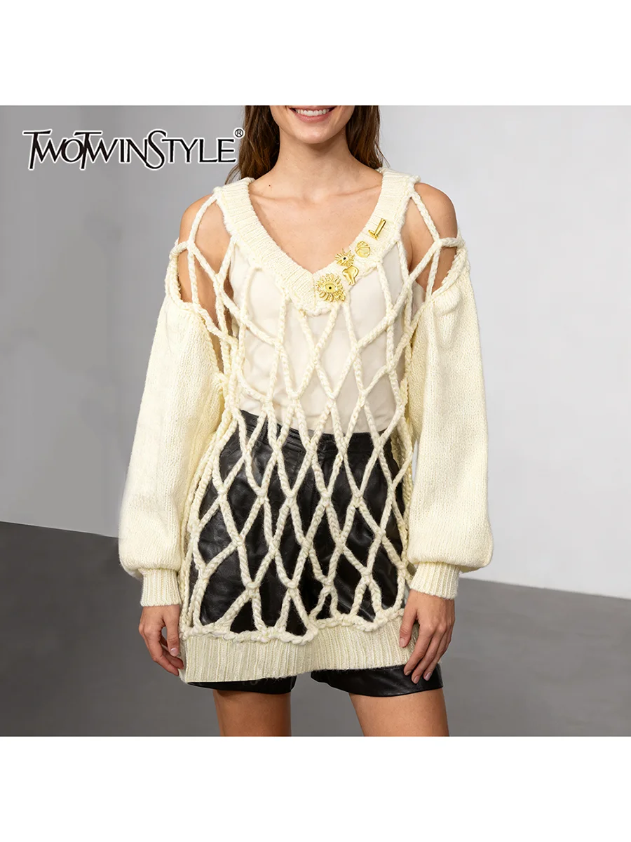 

TWOTWINSTYLE однотонные свободные элегантные свитера с блестками для женщин, модный свитер с v-образным вырезом и длинными рукавами, женский новый