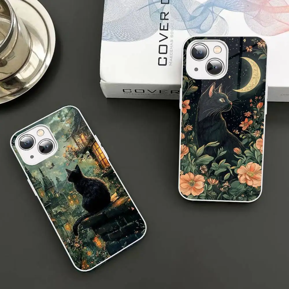 

Cartoon Black Cat Pattern Phone Case For IPhone 14 13 12 Mini 11 Pro XS Max X XR 14 Plus Tempered Glass Cover