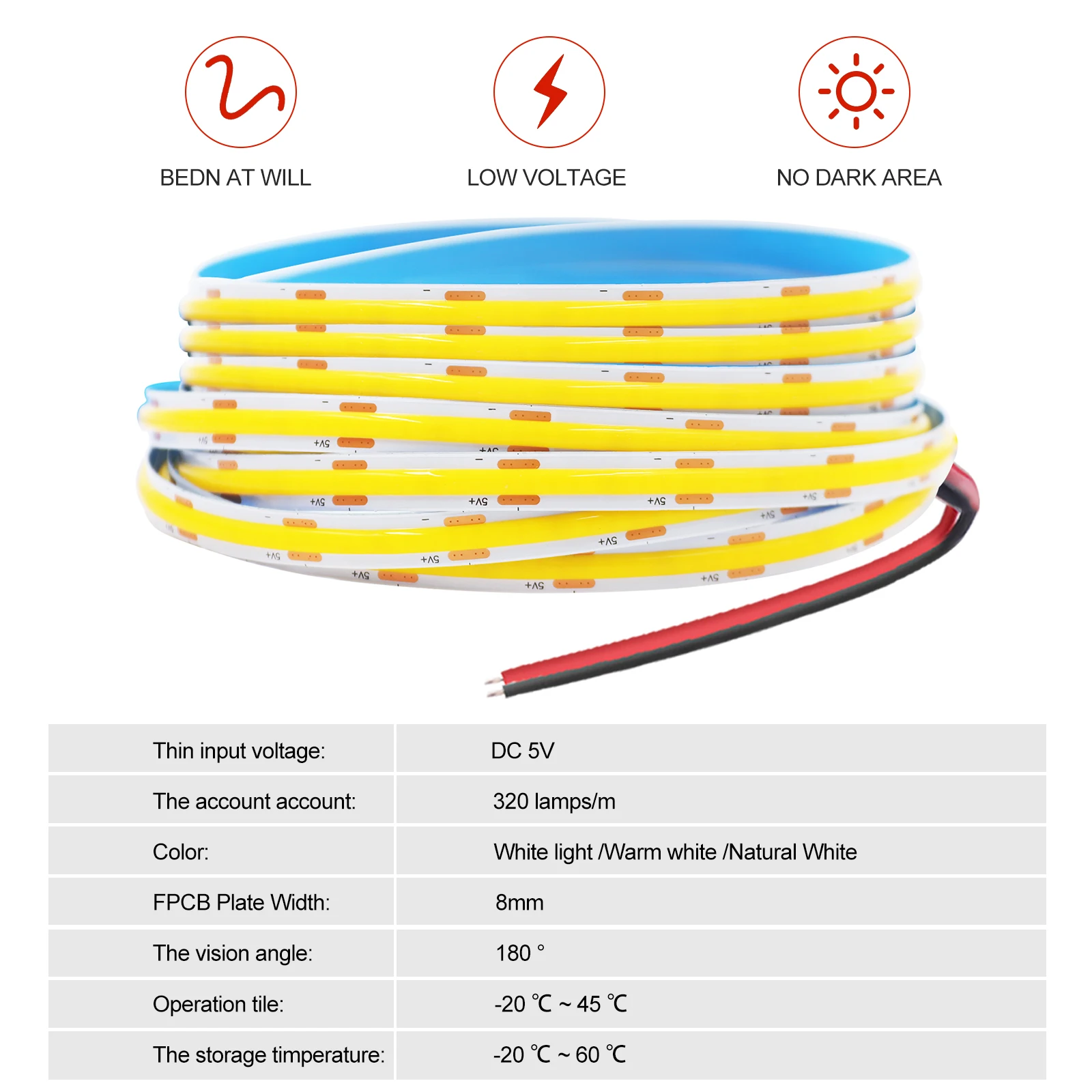 COB LED Lights Strip 5V 320Leds/M High Density Flexible Ribbon Tape Room Decoration White Natural Ice Blue Red DIY TV Backlight