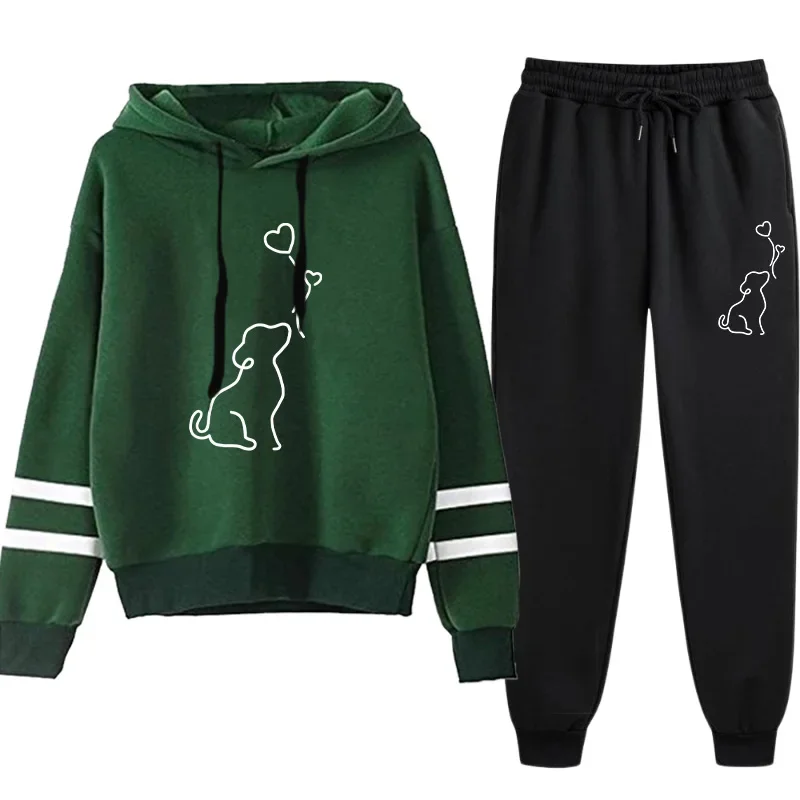 عرض ساخن لعام 2025 بدلة رياضية نسائية بقلنسوة سويت شيرت أسود Sweatpant ملابس رياضية عصرية غير رسمية على شكل لطيف طقم ركض بقلنسوة