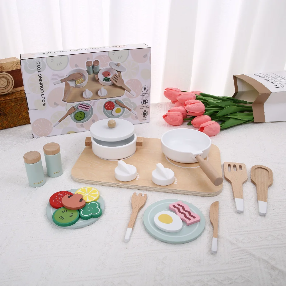 Juguetes de cocina para niños, ollas y utensilios de madera, utensilios de cocina para bebés pequeños y botellas de condimentos para cumpleaños