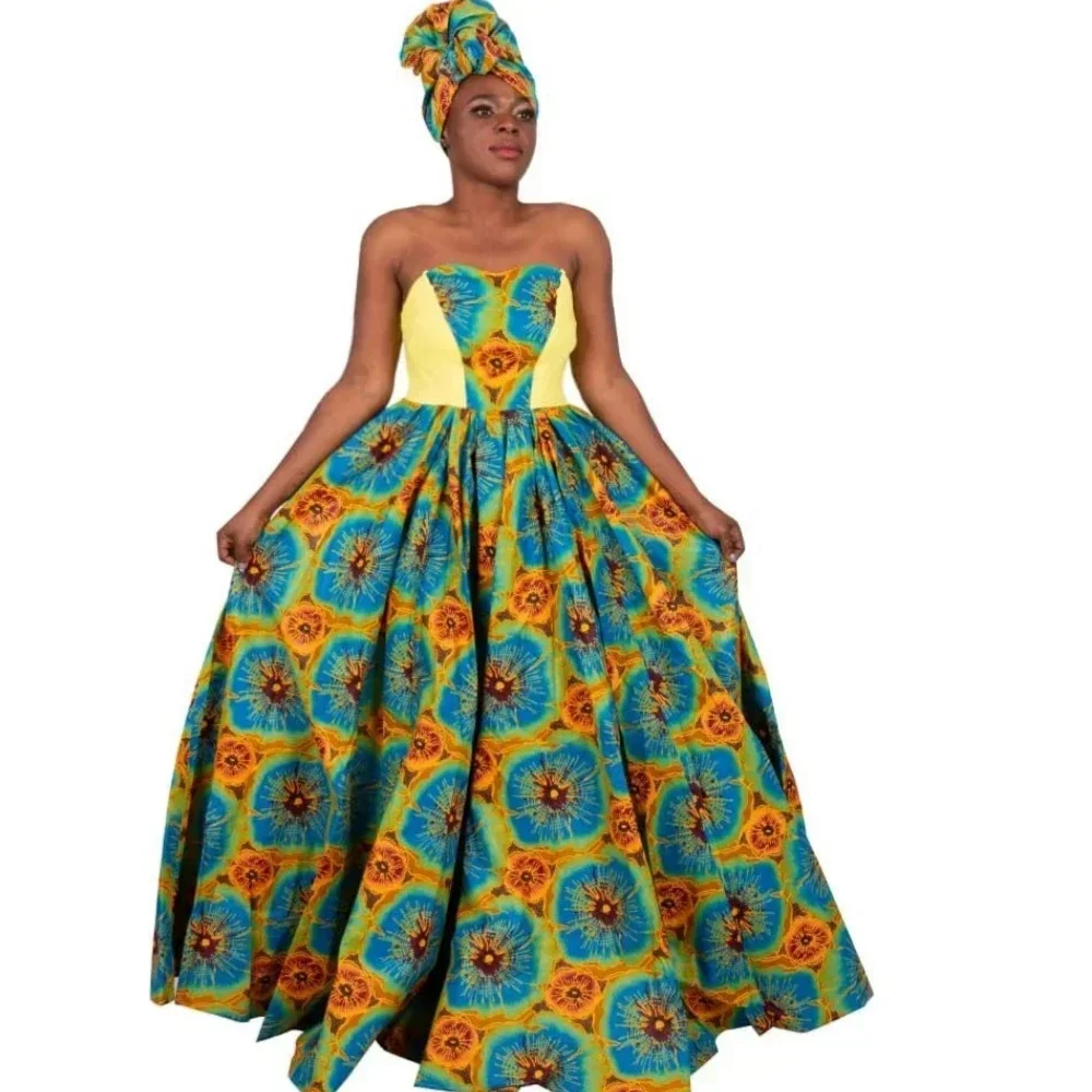 Womens African Dress Dashikis Print Ball Gown Party Dress Maxi and Strapless Women Clothing with Free Headwear Plus Size WY1805