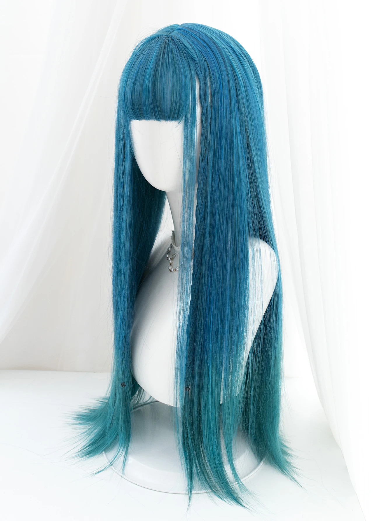 30Inch Blue Gradient Green Color Synthetic Wigs With Bang Long Natural Straight Hair Wig For Women Cosplay Heat Resistant