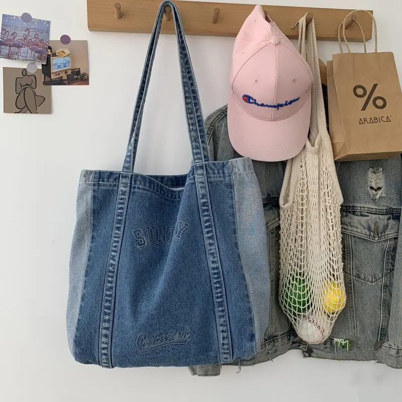 Women Letter Embroidery Jeans Bag Large Capacity Reusable Shopping Bag High Quality Casual Handbag Korean Harajuku Shoulder Bag