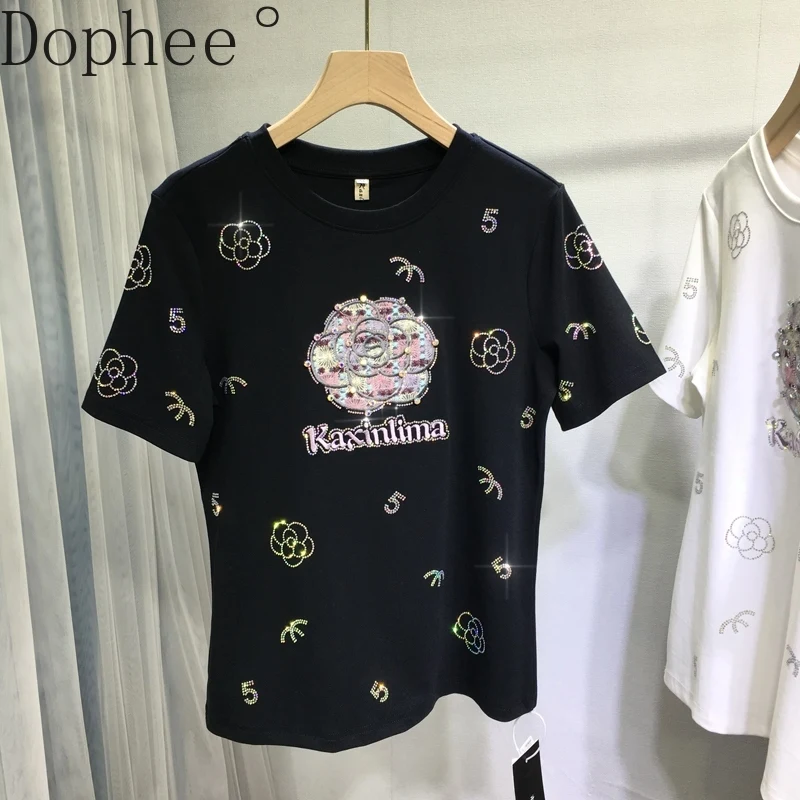 

2025 Fashion Lady New Spring Summer Short Sleeve T-shirt Hot Drilling Camellia Flower O-neck Pullover Basic Top Cotton T Shirts