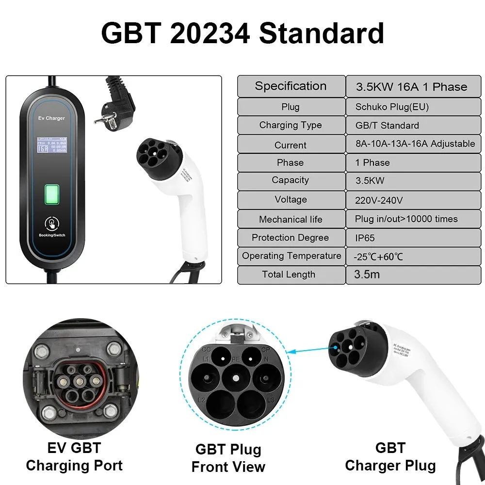 Teschev-cargador EV portátil estándar, caja de pared, Cable de carga tipo 1, Cable tipo 2, enchufe Schuko para coche eléctrico, 220V, 230V, GBT, 16A