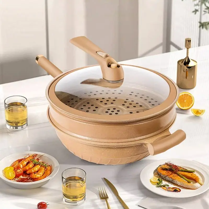 Imagem -02 - Wok de Argila Antiaderente com Cesta de Vapor Frigideira Doméstica Wok de Micro Pressão Indução Multifuncional