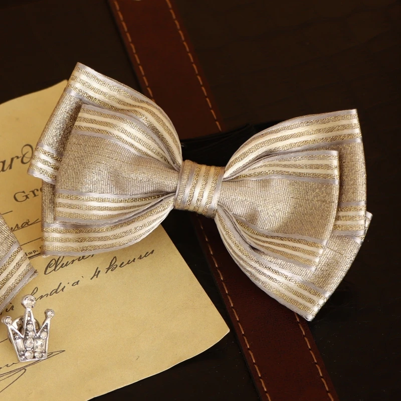 

High Quality Beige Striped For Bow Tie Men's Wedding Double Layered British Dress Accessories Fashionable Butterfly Bow Tie