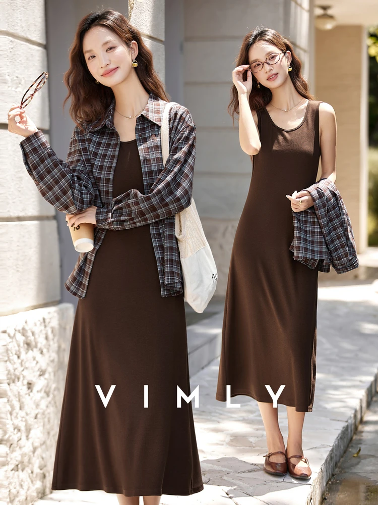 VIMLY femmes deux pièces robe décontracté jarretelle marron robe longue Plaid manches longues col Polo chemises robe ensembles 2025 automne A2890