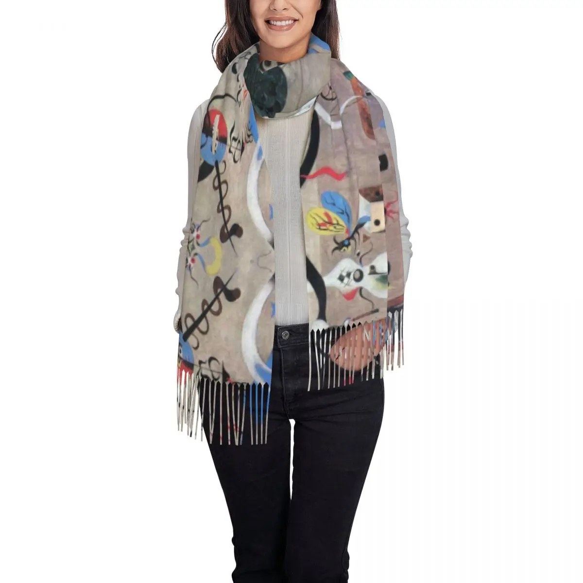 Joan Miro Abstract Art Scarf Women Men Stylish Winter Shawl Wraps Surrealism Tassel Wraps