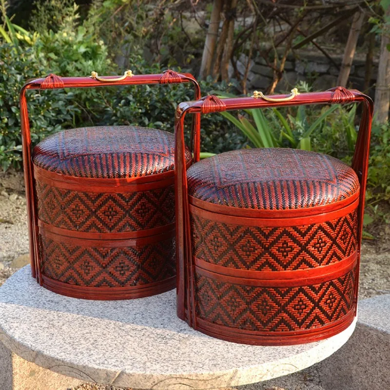 Bamboo woven double-layer happy-character basket, bride price, holiday storage, exquisite shoulder basket