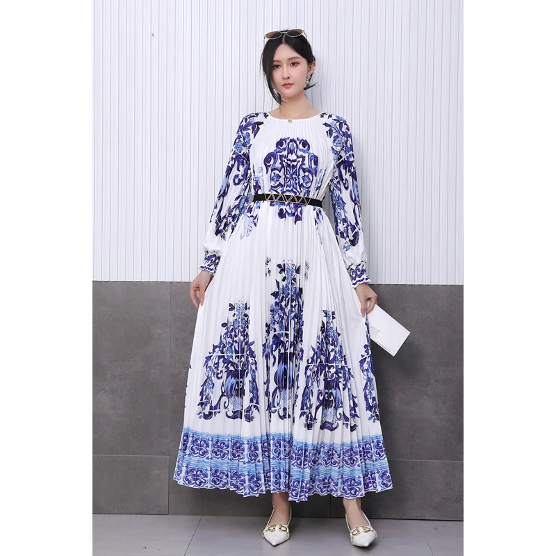 High End 2025 Printing New Women' Clothing Blue And White Porcelain Print Long Leeved Round Neck Pleated Robes Vestido De Mujer