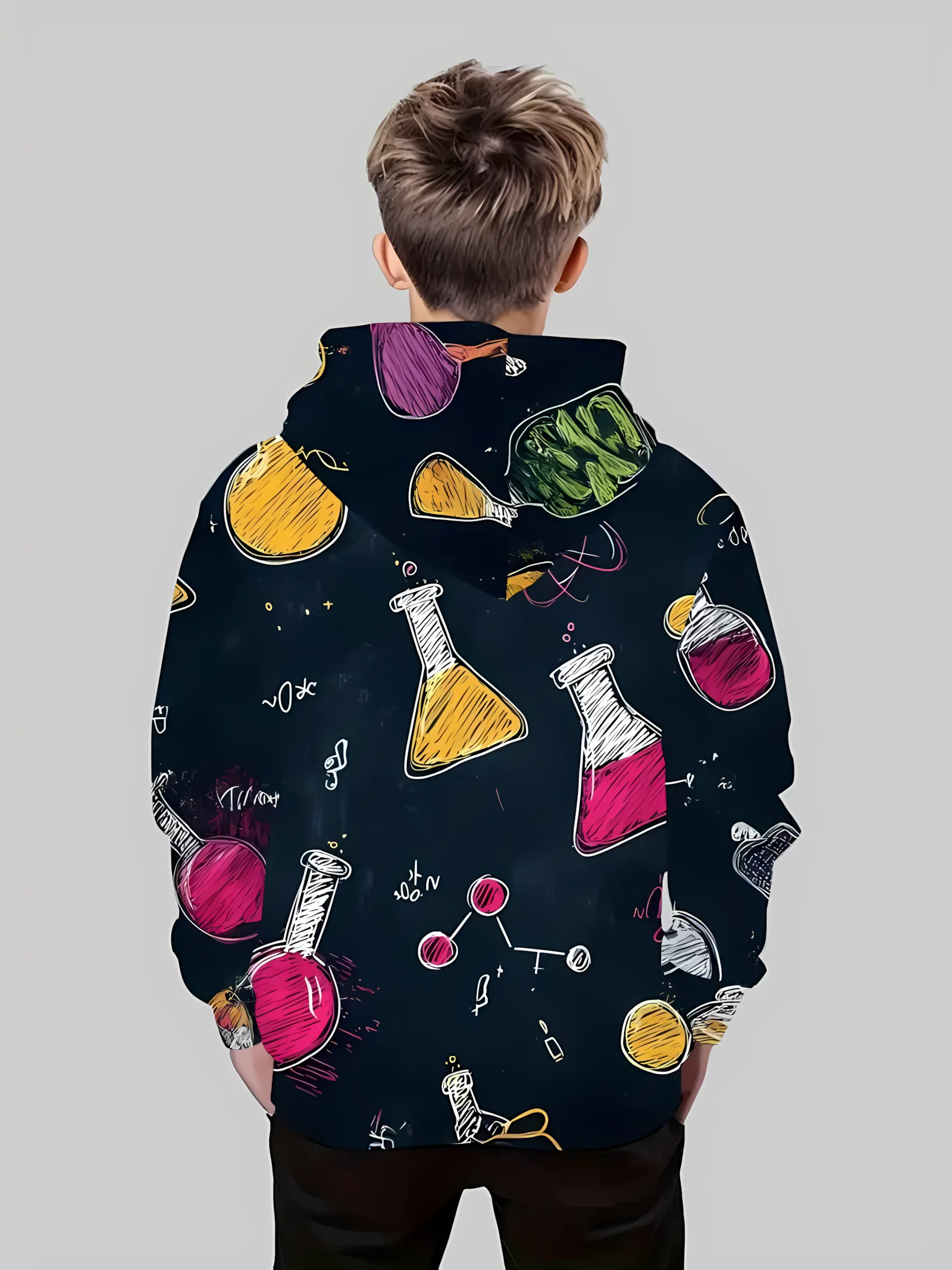 سترة بقلنسوة جديدة مريحة للأطفال لخريف 2025 مع طباعة الكون الكيميائي ثلاثي الأبعاد وبلوزة كاجوال عصرية