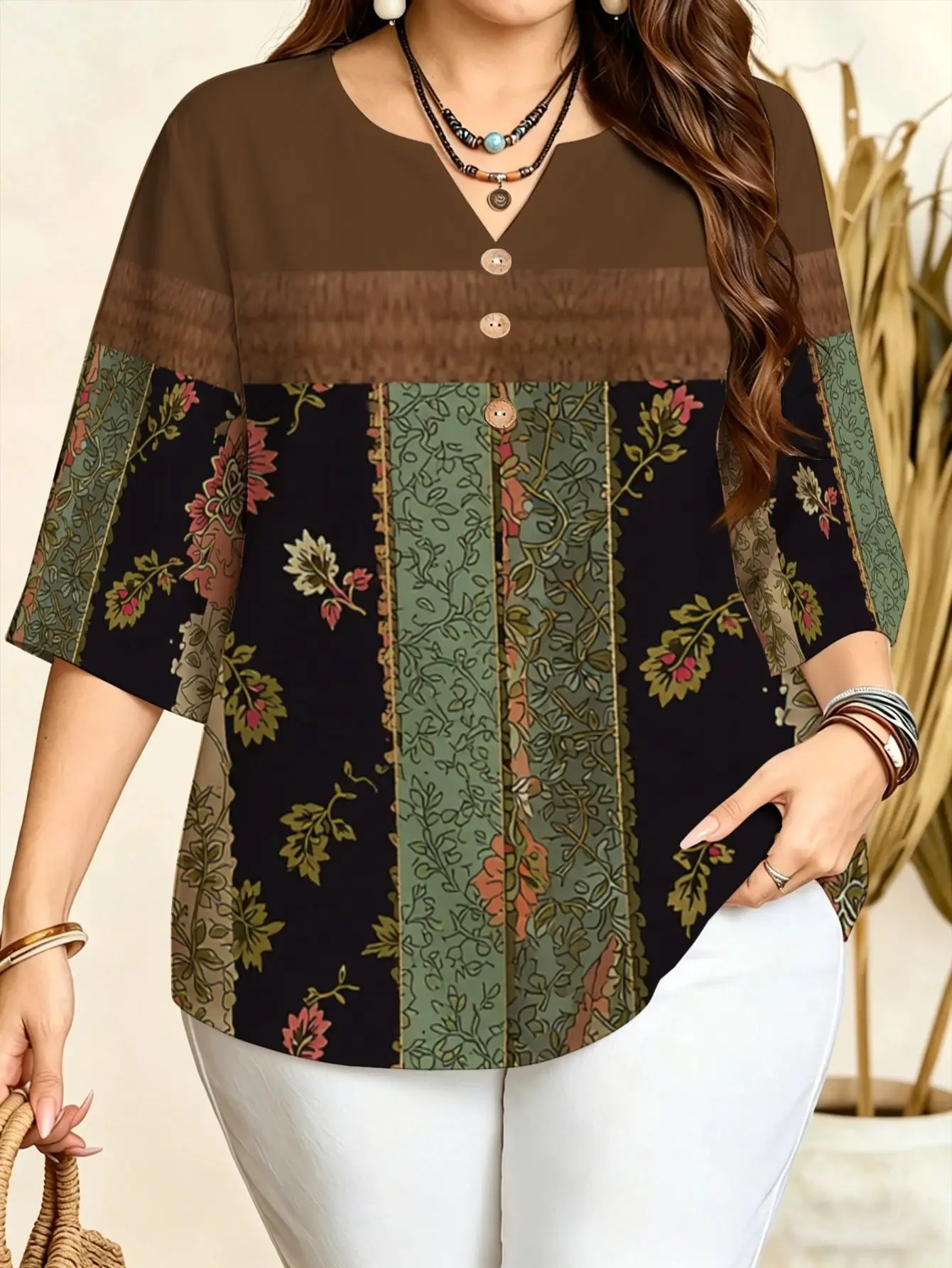 Women Ethnic Splicing Position Print Blouse Notched Neck 3/4 Sleeve Loose Fit For Curvy Figures Daily Casual Tops