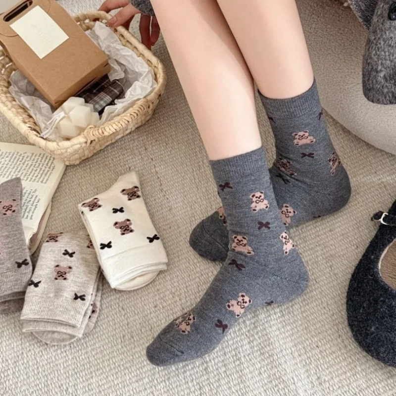 5 Pairs 2026 Women's Warm Cute Mid Length Socks Set Autumn Winter Casual Kawaii Thermal Socks Woman School Grip Socks with Print