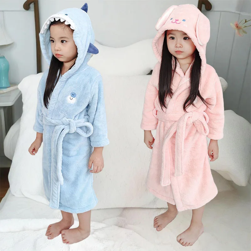 Children's Hooded Bath Robes Cartoon Animals Shark, rabbit, elephant Pajamas Coral fleece Soft Fashion Sleepwear Homewear