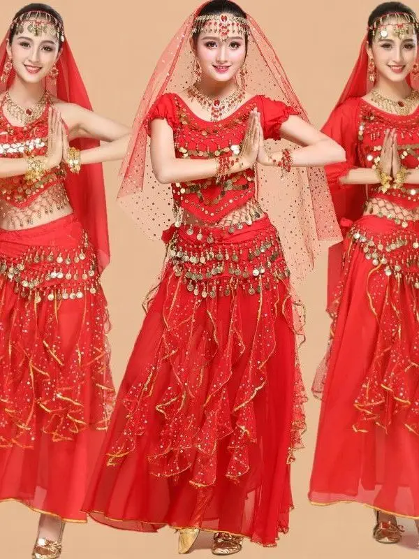 

Bollywood Dress Adult Costume Women Indian Dance Belly Dance Sari Clothing Dance Performance Clothes Chiffon Skirt Set One Size