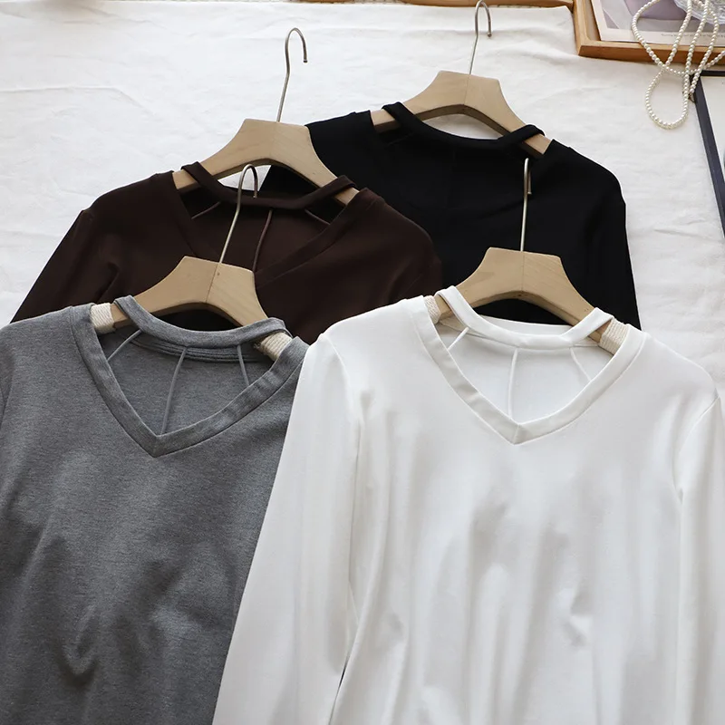 

Slimming ort Sve Long Sve V-Ne Base irt T-irt Women's Spicy Girl Early Spring New Sle Ne Hanging Design Top