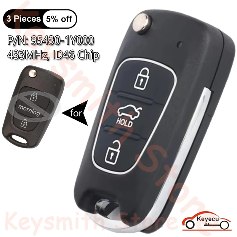 KEYECU 3 Buttons 433MHz ID46 Chip for Kia Picanto Morning 2011 2012 Auto Upgraded Flip Remote Control Key Fob P/N: 95430-1Y000