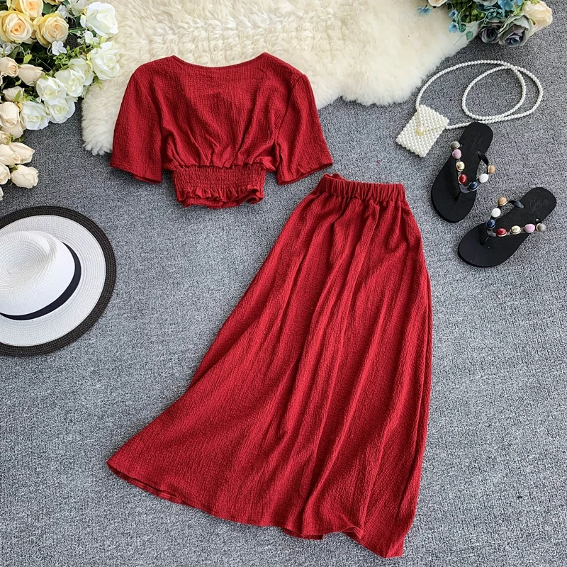 2023 Autumn New Women Two Piece Set Sexy Outfits Woman Clothes Fashion V Neck Crop Top + Slim A-line Long Skirts Suits 2 Pc Sets