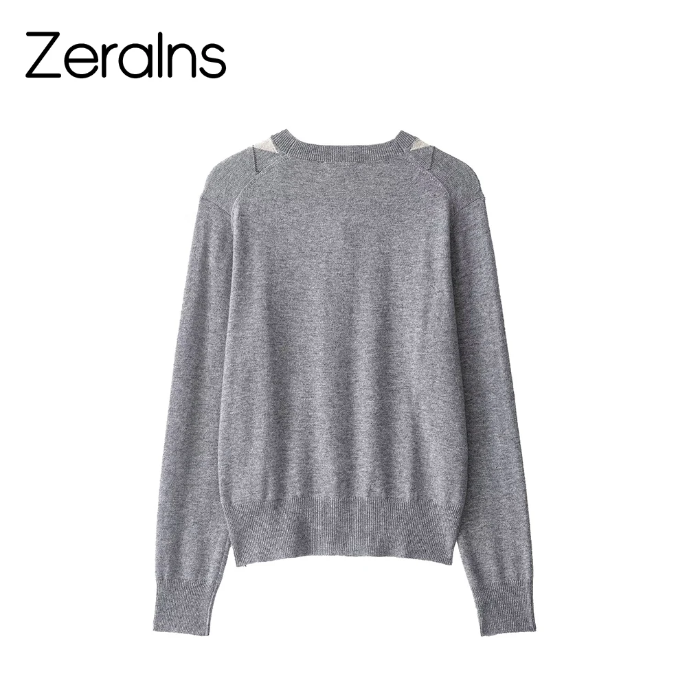 ZERAINS خريف جديد نمط غير رسمي عصري طباعة الماس الخامس الرقبة واحدة الصدر سترة مشغولة من الصوف سترة نسائية #2