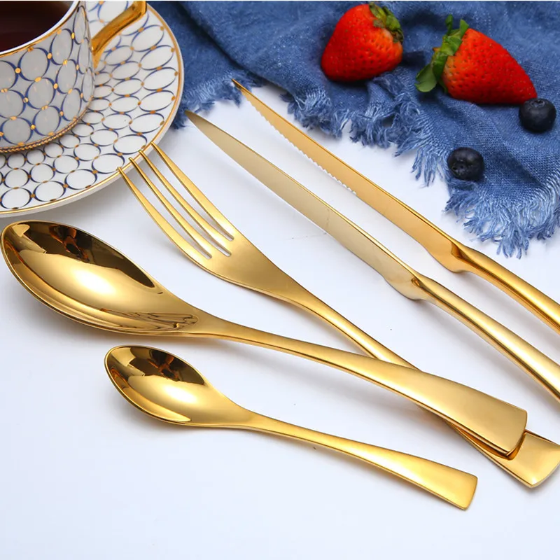 KuBac Hommi 20pcs Shiny Dinnerware Set 18/10 Stainless Steel Mirror Gold Cutlery Set Black Dinnerware Service For 4 Drop Ship