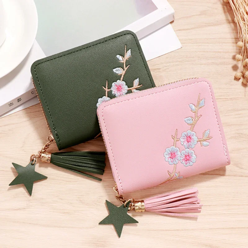 Cartera de estilo coreano con flores para mujer, monedero corto con cremallera, borla pequeña, corazón, Mini monedero, bolso de mano femenino,